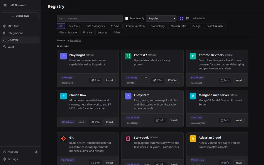MCP directory with thousands of servers available for one-click install