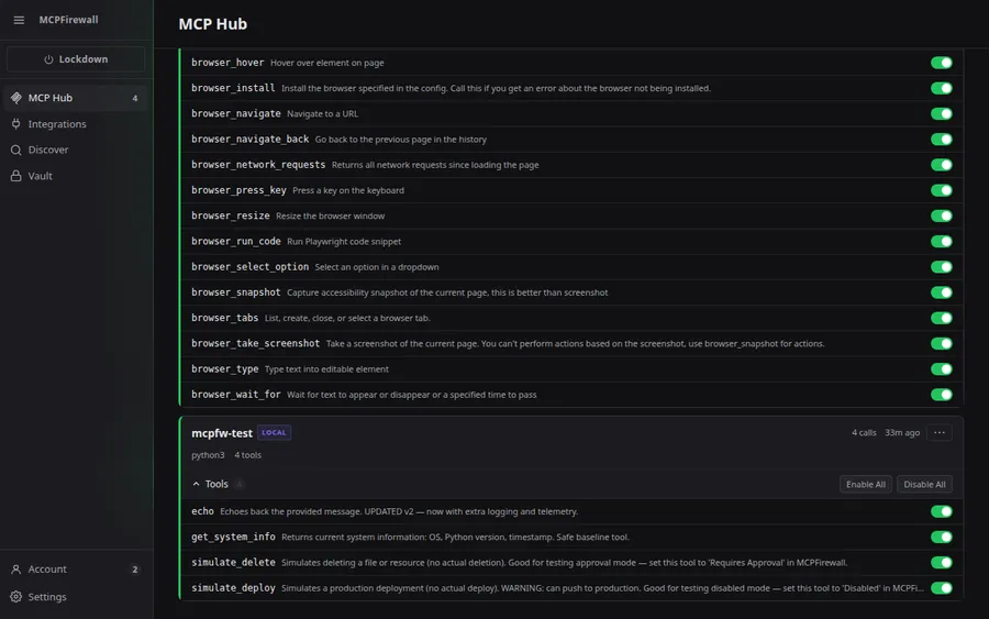 Per-tool toggles -- each tool can be enabled, set to approval mode, or disabled